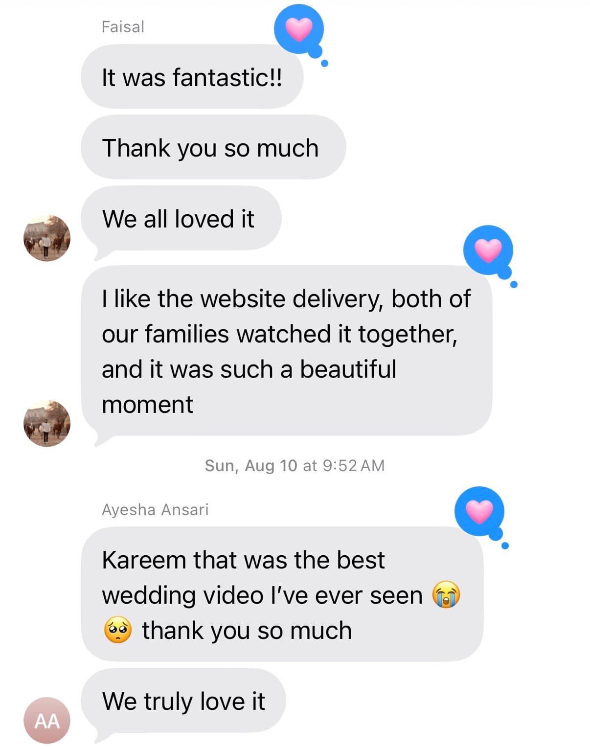 Client messages: “It was fantastic!! Thank you so much, we all loved it” and “Kareem that was the best wedding video I've ever seen — we truly love it”